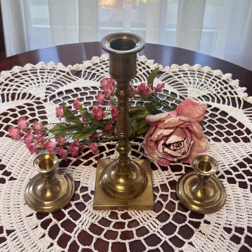 Brass Candle Holders Elegant Gold Vintage MCM Antique Boho Cottage Home Decor